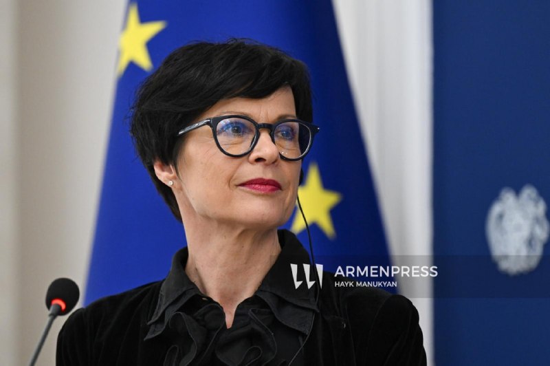 Комиссар Евросоюза по вопросам расширения Марта Кос на фоне флагов ЕС и Армении, символизирующая поддержку в Артике.